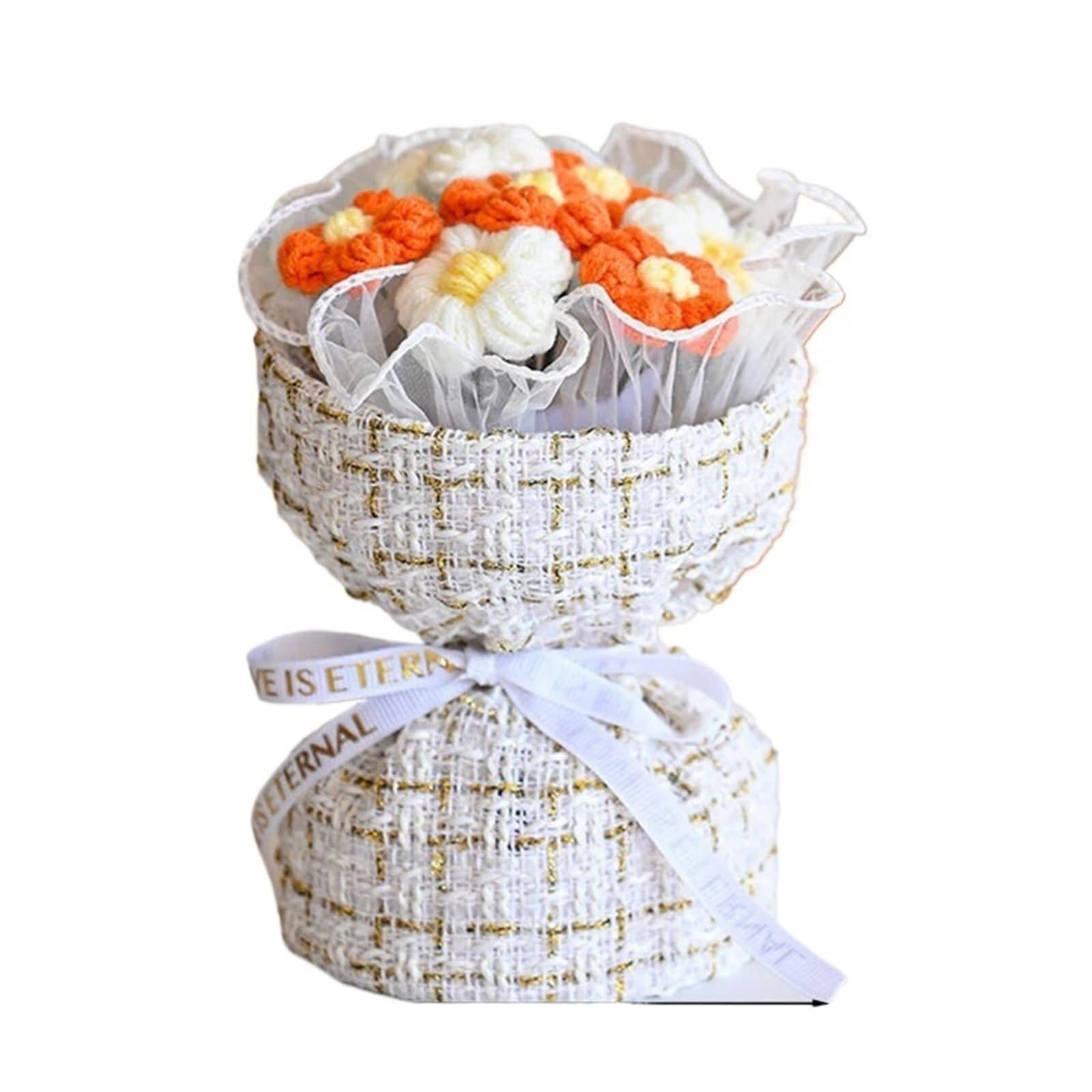 ENWWCH Crochet Flowers Bouquet Rose Hand-Knitted Graduation Wedding For Home(Color1)