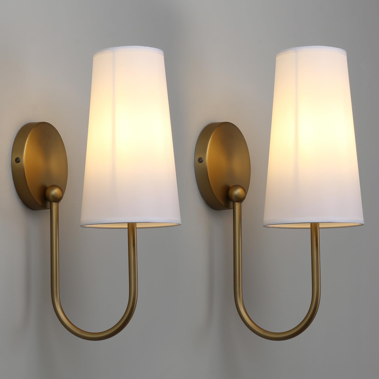 Photo 1 of Yosoan Brass White Fabric Shade Wall Sconce Set of 2, Vintage Industrial Hardwired Gold Boho Wall Mounted with Long Cone Cloth Shade for Bedroom Living Room Aged Vanity Loft(Antique)