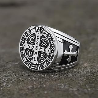 St. Benedict Stainless Steel Cross Ring – Jubilee Medal Design with Latin Inscription – Gothic-Inspired Religious Symbol for Men – Bold and Unique Men's Jewelry Accessory Size 7-13
