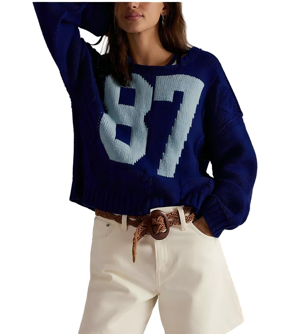 Women Colorblock Number Pullover Sweater Crewneck Long Sleeve Casual Loose Cable Knit Jumper Oversized Fall Top