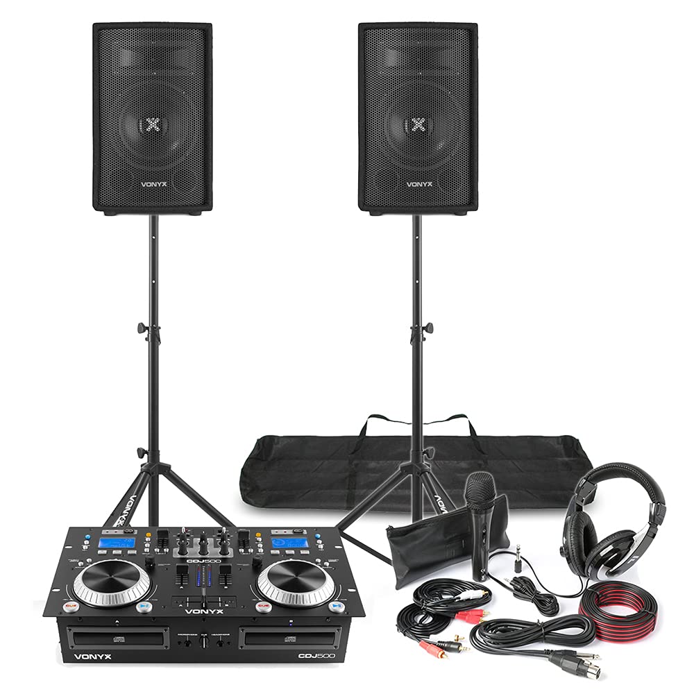 Complete DJ Starter Package – Dual CD Mixer Amp, 2x 8” Passive PA Speakers, Speaker Stands, 6m Cables, Microphone & Headphones Kit – Home & Bedroom DJ Setup, Premium DJ Equipment Bundle