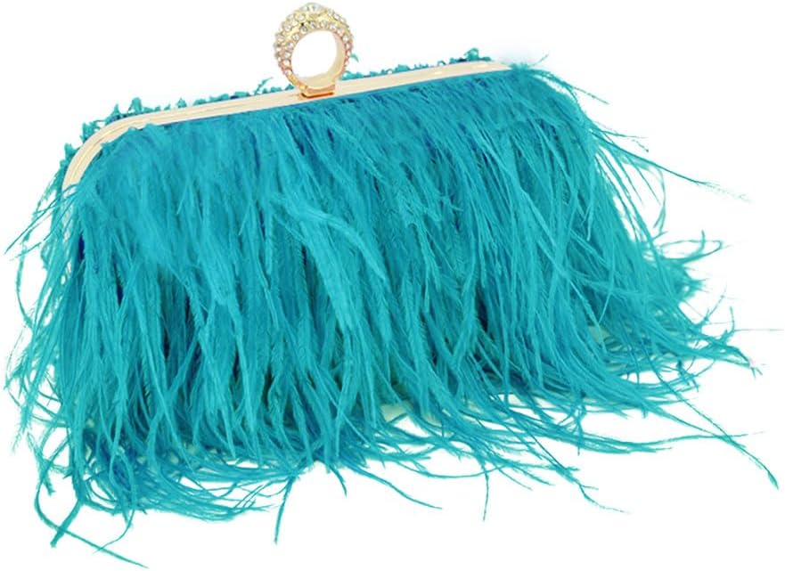 Women Ostrich Feather Purse Ostrich Tote Bag Fluffy Feather Purse Fringe Clutch Evening Handbag for Party Prom Pink