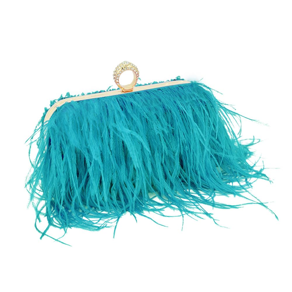 Women Ostrich Feather Purse Ostrich Tote Bag Fluffy Feather Purse Fringe Clutch Evening Handbag for Party Prom Peacock Blue