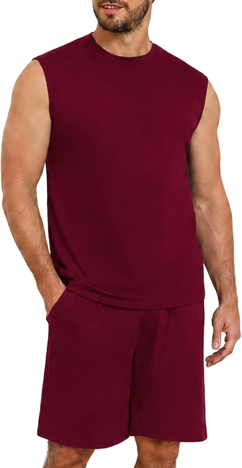 KUYIGO Mens Pajama Set Sleeveless Tank Top Plaid Shorts Pjs