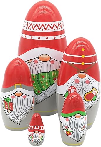 Konrisa Muñecos anidables de Papá Noel enano Matryoshka - Muñecos de madera rusa para fiestas de cumpleaños, juego de 5