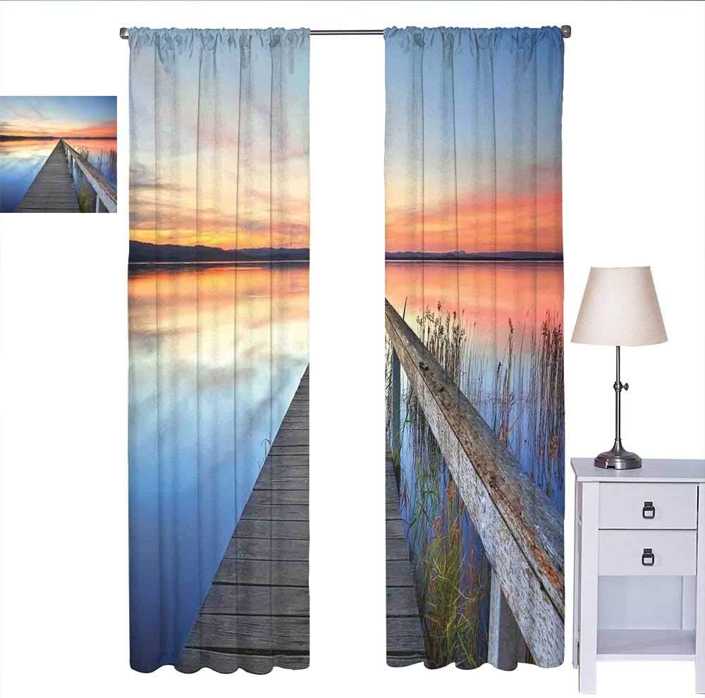 Seascape Window Curtain 2 Panel Sunset Reflections on Lake Long Wooden Jetty Waterscape Idyllic Horizon soundproof Curtain Peach Blue Umber W72 x L108