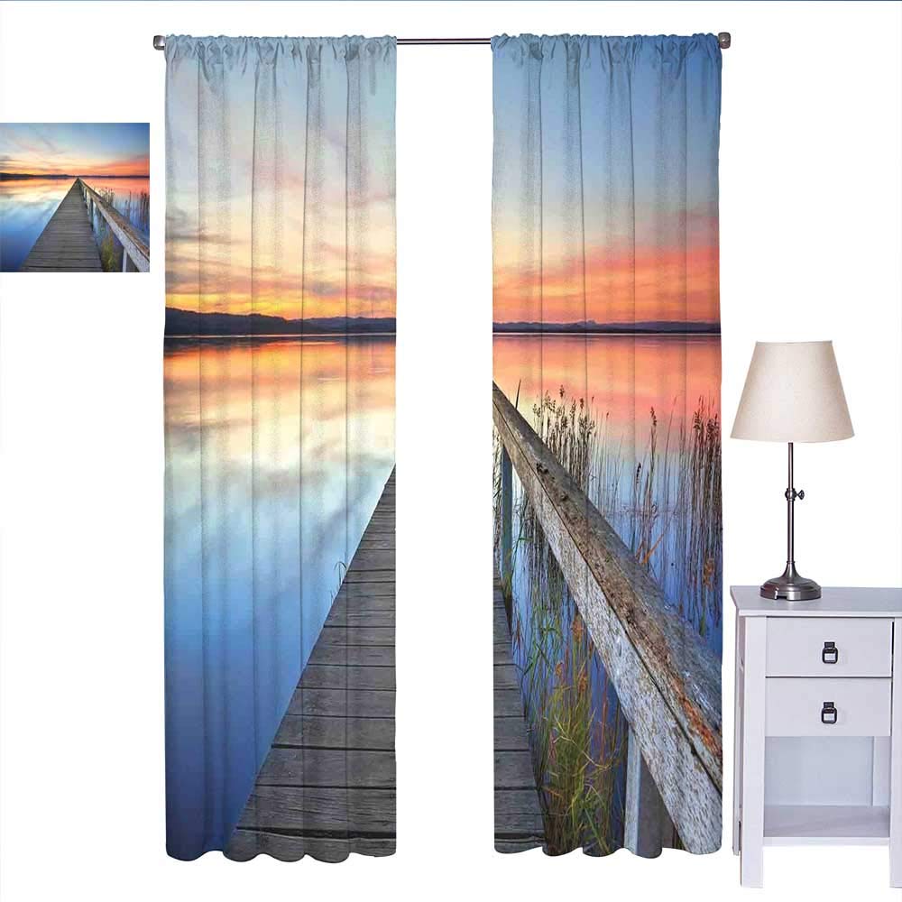 Seascape Window Curtain 2 Panel Sunset Reflections on Lake Long Wooden Jetty Waterscape Idyllic Horizon soundproof Curtain Peach Blue Umber W72 x L108