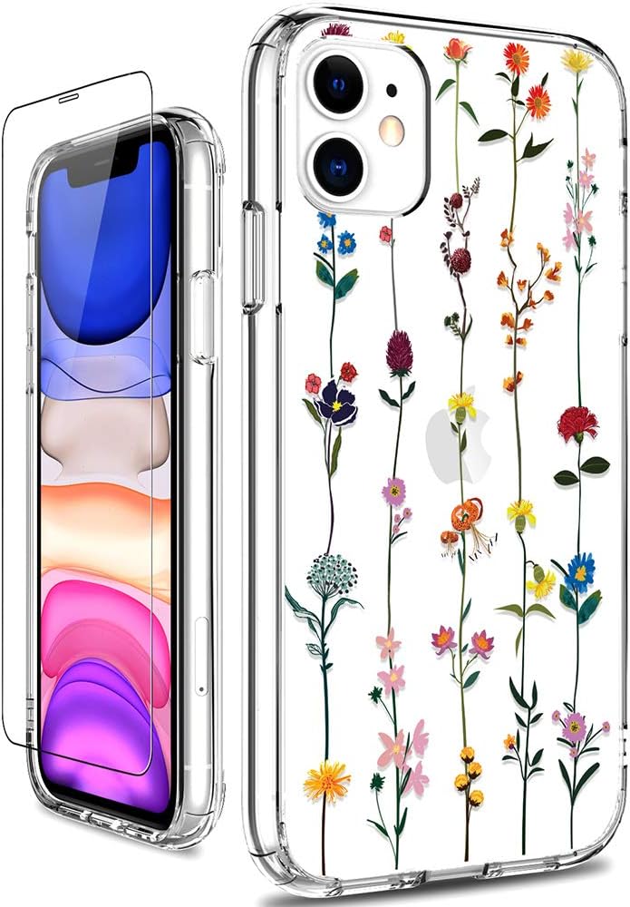 GiiKafor iPhone 11 Case, Clear Shockproof Hard PC Case with TPU Bumper Heavy Duty Protective Floral Women Girls Bumper Cover Phone Case for iPhone 11, Colorful Flowers