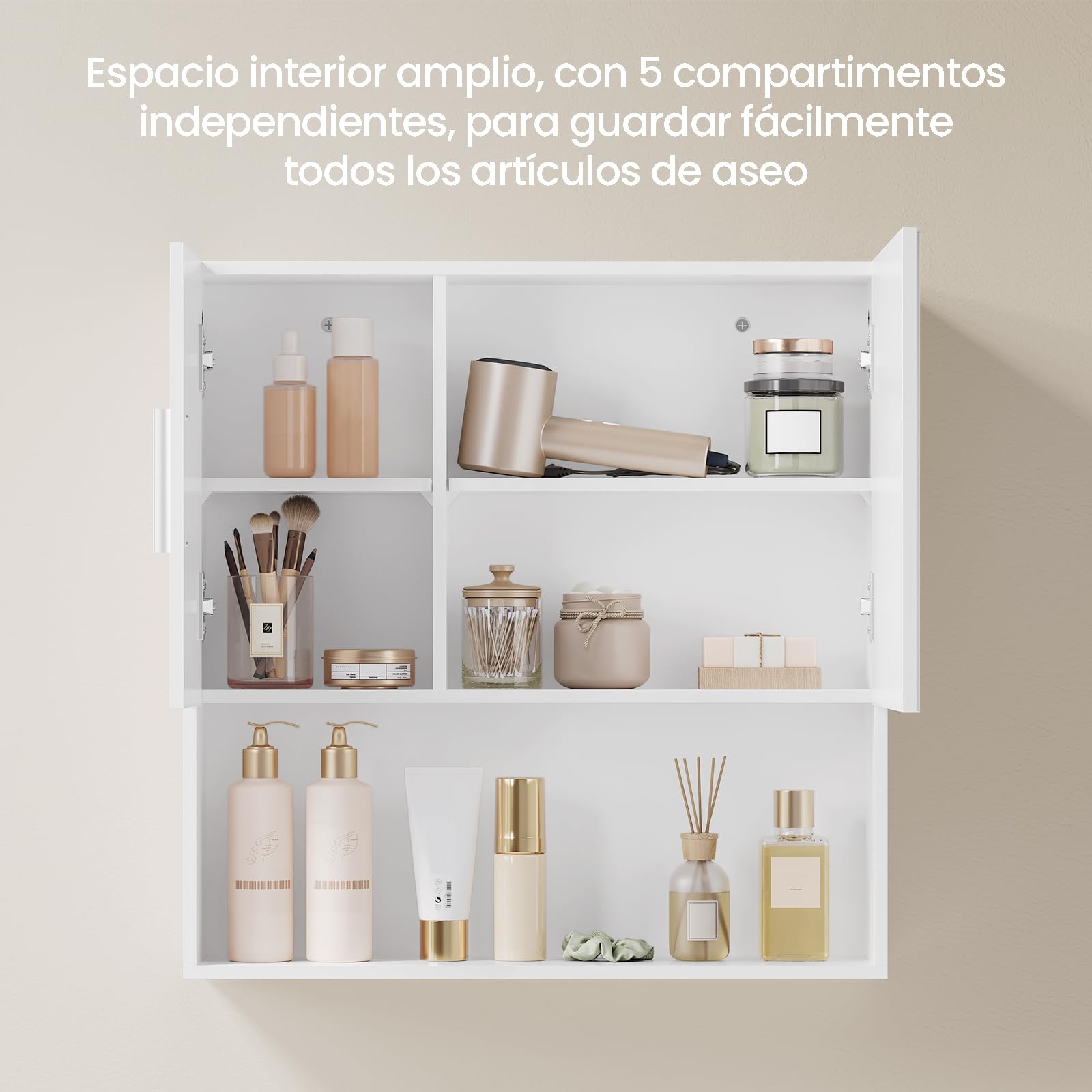 EUGAD Armario Baño de Pared, Mueble Baño con Espejo, Armario Colgar de Baño con Puerta y Estante Ajustable, 4 Compartimentos Interiores y 1 Abierto, MDF, Blanco