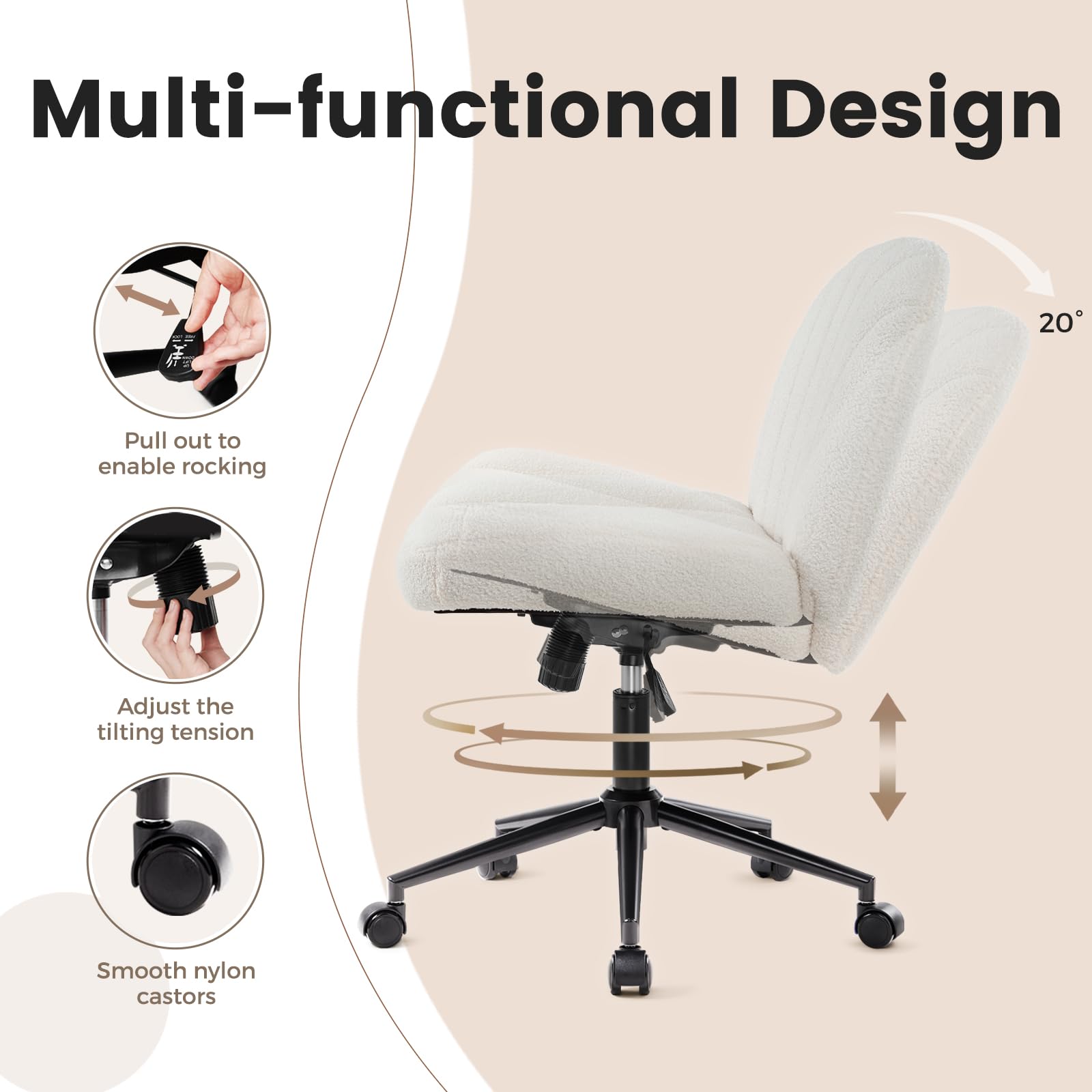IWMH Schneidersitz Bürostuhl Ohne Armlehnen, mit Breiterem Sitzfläche | Höhenverstellbar Drehstuhl mit Rollen, Ergonomischer Schreibtischstuhl mit Stoffbezug, für Büros und Schlafzimmer, Weiß