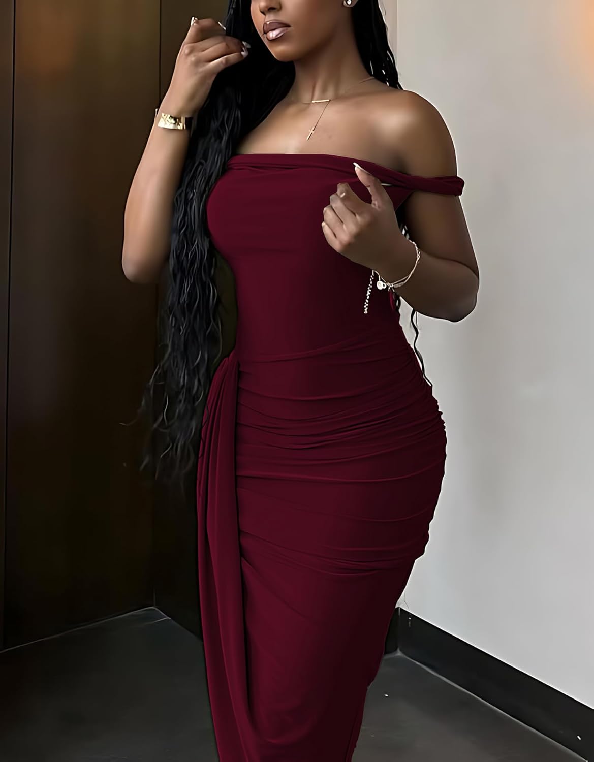 One Shoulder Dresses for Women Summer Prom Party Twist Asymmetrical Slit Bodycon Ruched Long Cocktail Dress - Image 4