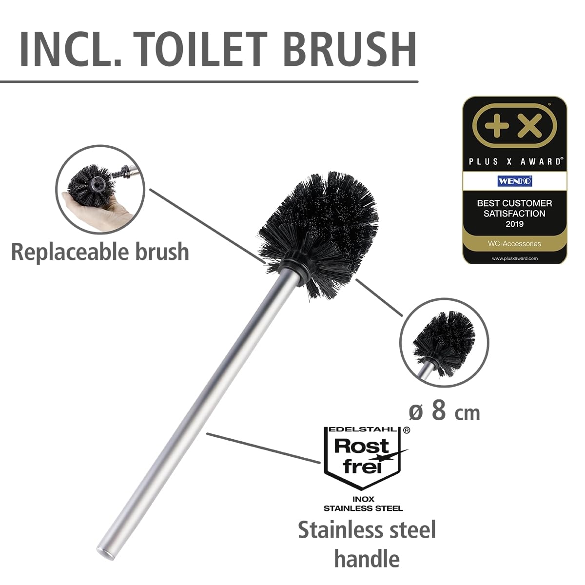 WENKO Combiné WC Rivalta | 3 en 1| Brosse WC et Dérouleur Papier Toilette | Stockage Papier | Tête de Brosse remplaçable | Acier INOX Blanc et Verre trempé| 18x70x23 cm | Blanc