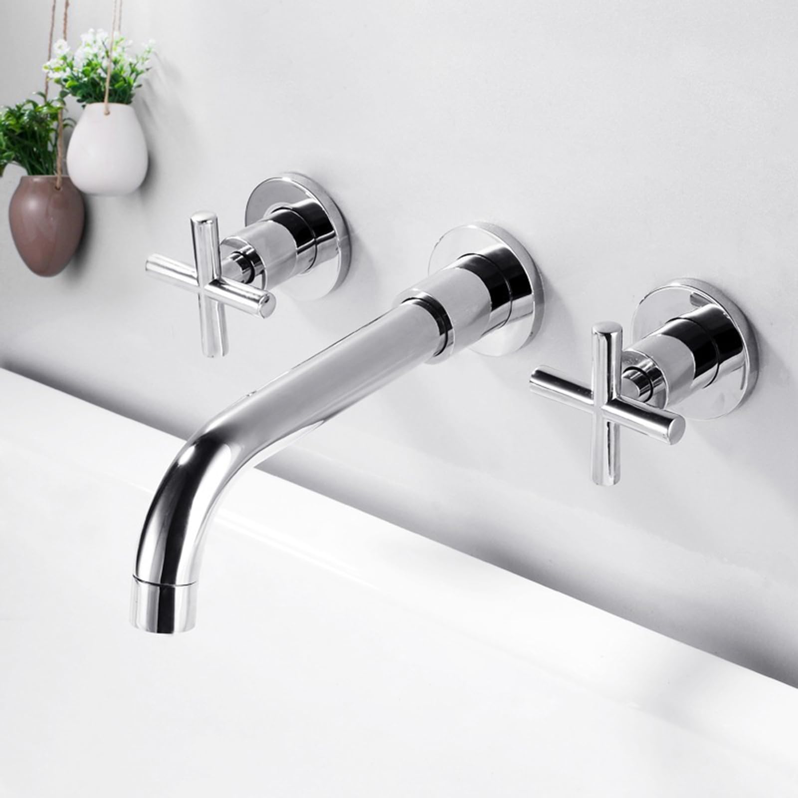 Grifo de Pared para Lavabo Grifos para Lavabos de Baño 3 Orificios Retro Doble Manija Giratorio,Enchapado