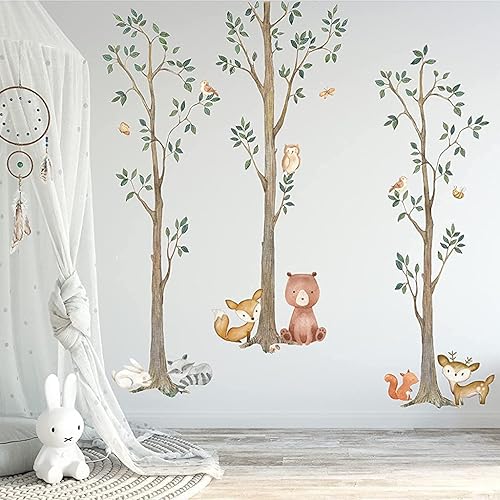 InnovativeStencils Woodland - Calcomanías de acuarela para árbol de pared, diseño de animales, criaturas de abedul, oso, zorro, mapache, conejo,