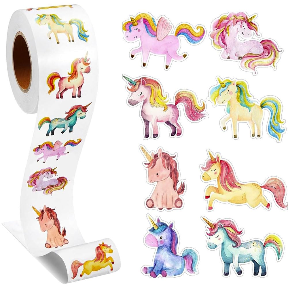 Zveniy Multicolour 500Pcs Unicorn Stickers Roll, Cute Pony Reward Sticker, Self-Adhesive, 1"