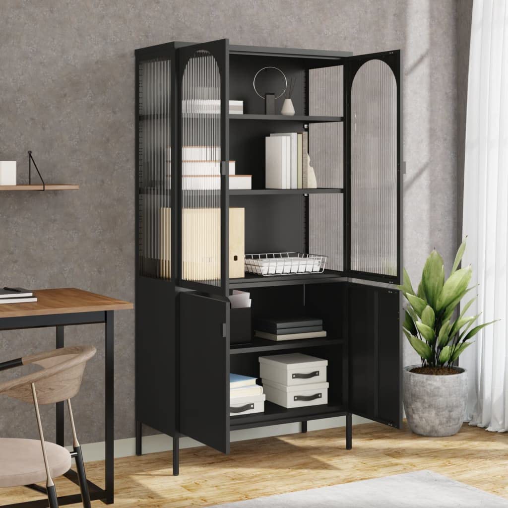 Générique Bufet Top Czarny 90x40x180 cm Szkło karbowane Stal | 3 regulowane półki, poziomice do nierównych podłóg, blat wystawowy, mocowanie ścienne w zestawie