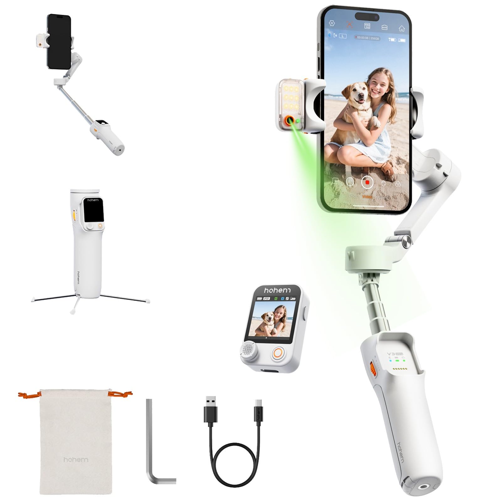 Hohem iSteady V3 Ultra Gimbal Stabilizer for iPhone,Phone Gimbal with AI Tracking,Built-in Extendable Rod & Tripod,Fill Light,Detachable Remote Control,Stabilizer for Video Recording,TikTok (White)