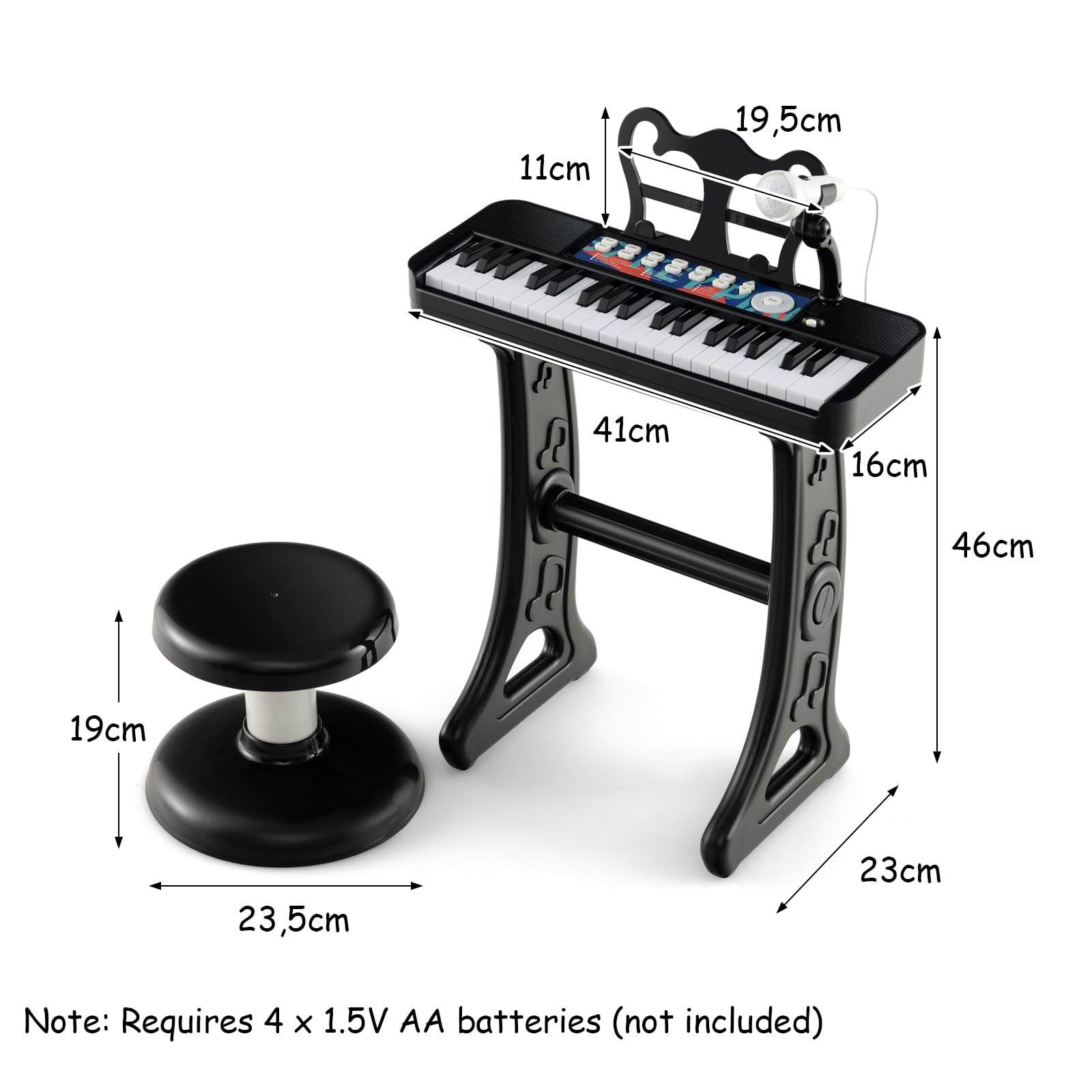 KOMFOTTEU Pianola Bambini Musicale Tastiera, Tastiera Digitale a 37 Tasti, Mini Tastiera con Effetti Luminosi e Microfono, Strumenti Musicali con Sgabello, 22 Battiti/4 Toni/4 Ritmi (Nero)