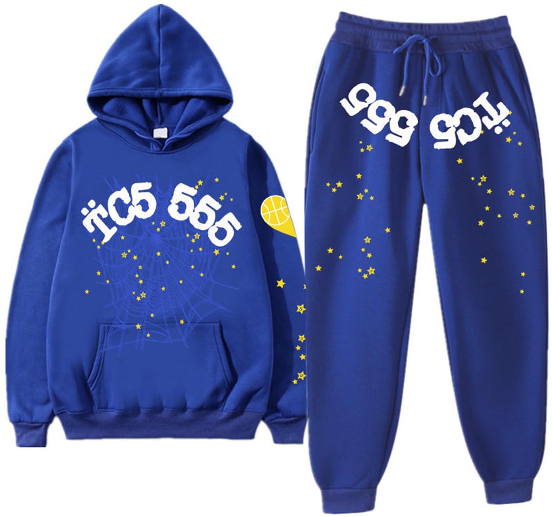 Silver Basic Men's Spider Tracksuit Spider Hoodie 555 and Pants Set Y2K Hoodie Spider Web Hoodie and Bottoms Sweatsuits