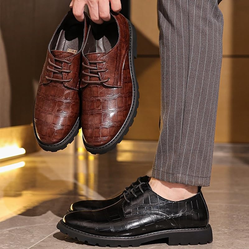 Men's Vintage Crocodile Print Strap Slip On Dress Shoes Formal Business Casual Lace Up Punched Leather Oxford2