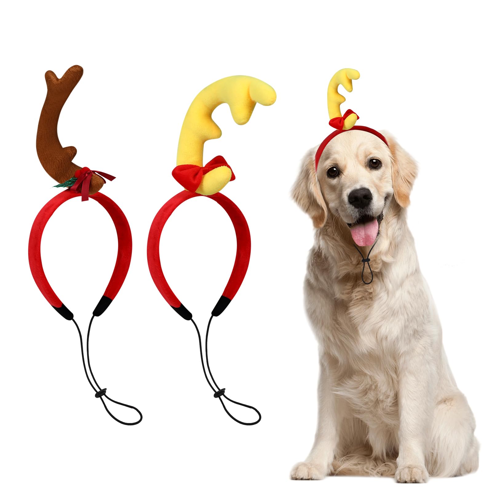 QKURT 2 Pack Dog Antlers Headband-Christmas Costume for Medium Large Dogs Pet Reindeer Accessories With Adjustable Elastic Band for Christmas & Halloween Party (Brown & Yellow