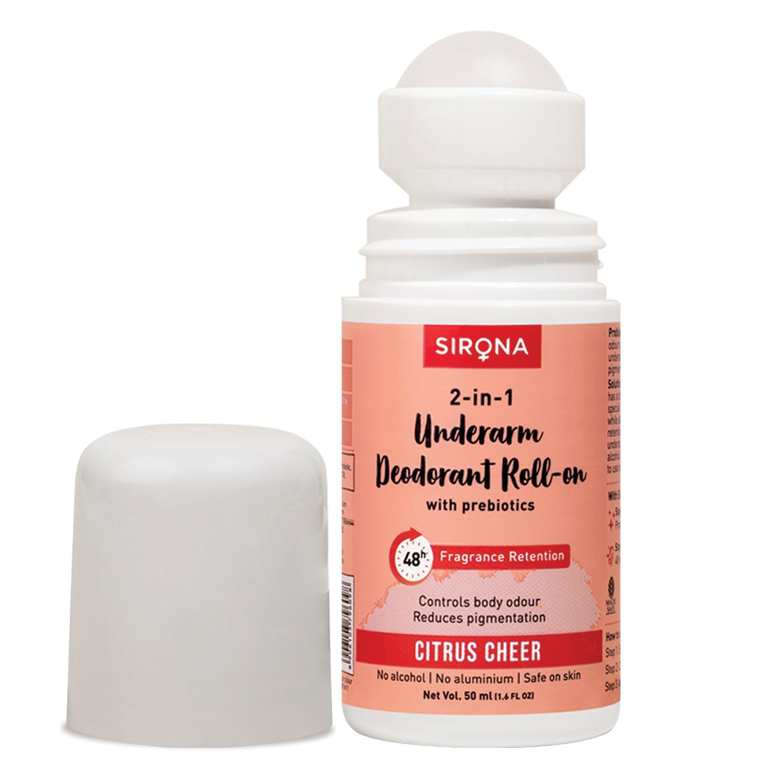 Sirona Underarm Roll On with 0.5% Prebiotic, 0.5% Niacinamide & 0.1% Hyaluronic Acid | Prevents Body Odour & Exfoliates Underarms | Lemon Fragrance | Alcohol & Aluminium Free | 50 ml-image-2