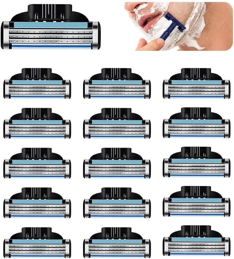 16 Piezas Cuchillas de Afeitar, Turbo Cuchillas de Recambio Cuchillas Manuales 3 Cuchillas Recambios Profesional con Doble Tira de Lubricación Men Shaver Blade para Padre Novio Diario