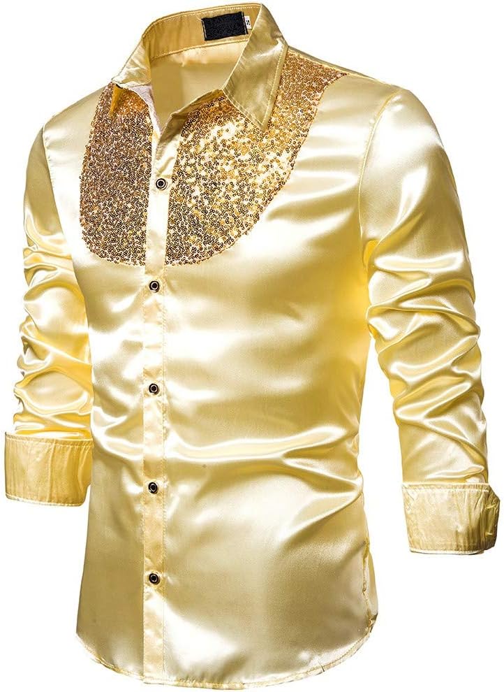 Goosun ClothingMen's Sequins Dress Shirt Fashion Bronzing Bling Shiny Slim Button Down Long Sleeves Top Blouse Shirt Goosun Retro 70s Disco Shirt Party Wedding Night Club Costume