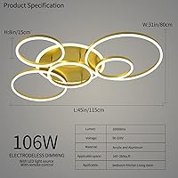 Vista 6 de Lámpara de techo LED moderna dorada regulable con 5 anillos, lámpara de techo de montaje empotrado con control remoto, 106W, 10000LM, iluminación
