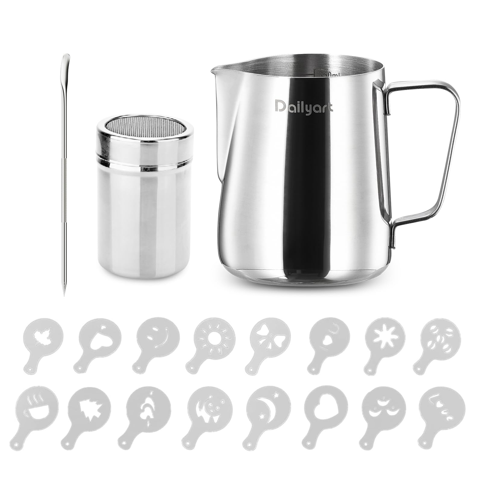 Milk Jug for Coffee Machine, Dailyart 12oz/350ml Food Grade 304 Stainless Steel Milk Frother Jug, Coffee Machine Accessories Milk Frothing Jug with 16 Latte Art Stencils & Pen for Cappuccino Espresso — image 1