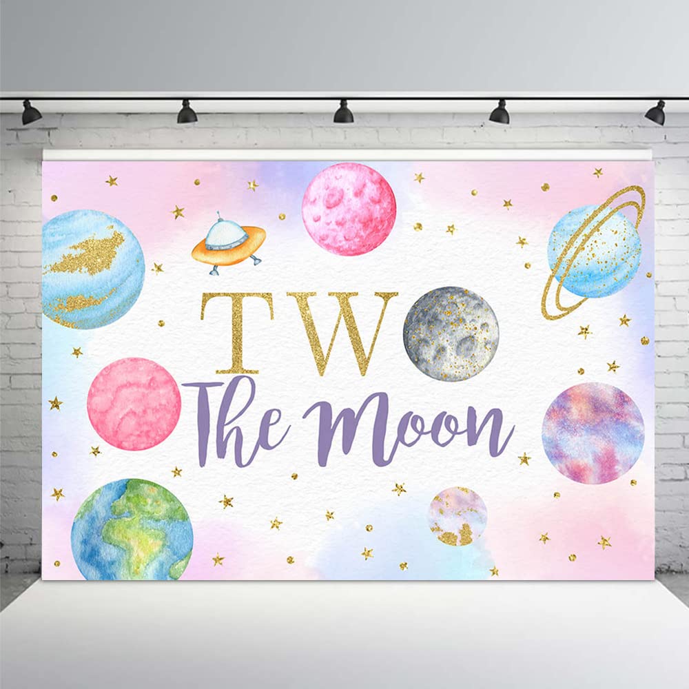 MEHOFOND 7x5ft Outer Space Two The Moon Backdrop Girl Happy 2nd Birthday Pink Gold Party Supplies Galaxy Planets Stars Theme Background Decor Photobooth Props Banner