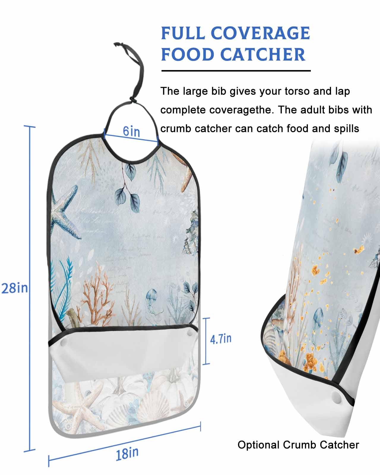 LEOKOTI Blue Fall Pumpkins Adult Bibs for Eating, Waterproof Bibs with Food Catcher & Snap Closure, Thanksgiving Botanical Starfish Coastal Washable Clothing Protectors Adult Bibs for Elderly