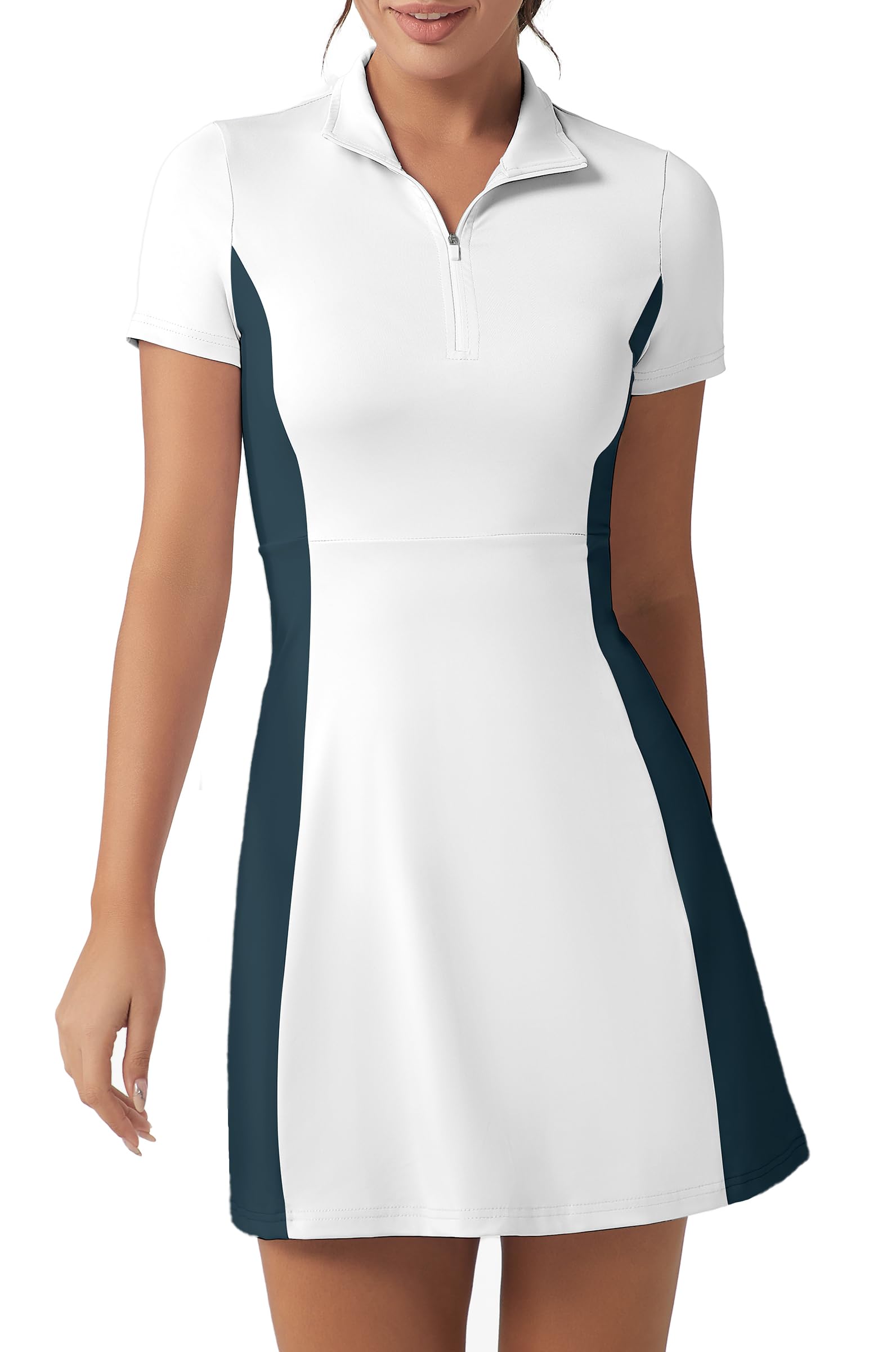 FKEEP Golf Tennis Dress with Shorts Womens Polo Neck Athletic Workout Golf Dress Casual Sleeveless Colorblock Dress, White and Green, S