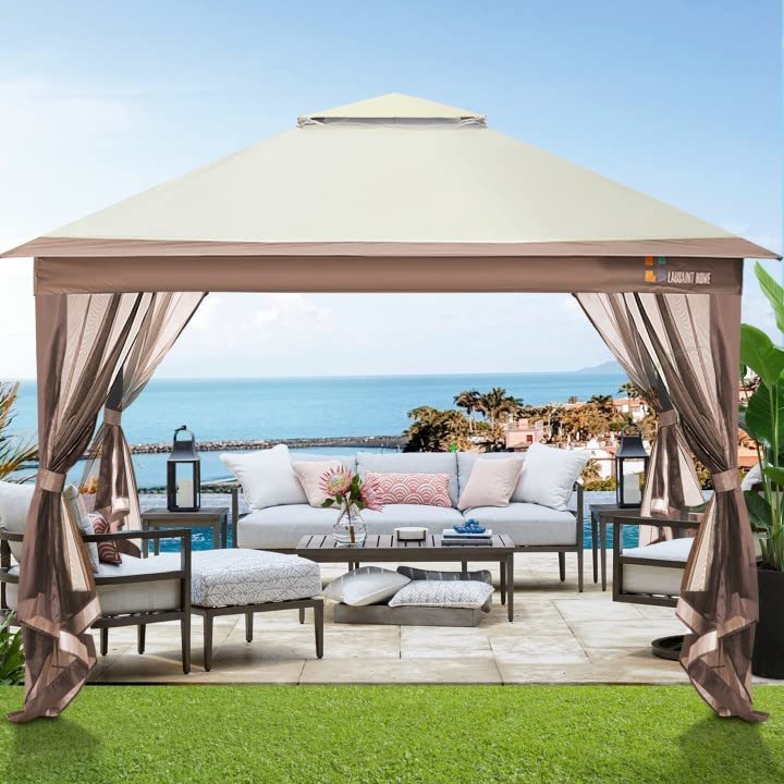 LAUSAINT HOME 11'x11' Pop Up Canopy, Outdoor Patio Gazebo with Mosquito Netting, Canopy Tent Center Lock Shelter Double Roof Tops with Waterproof for Garden Backyard Parties Deck （Khaki）