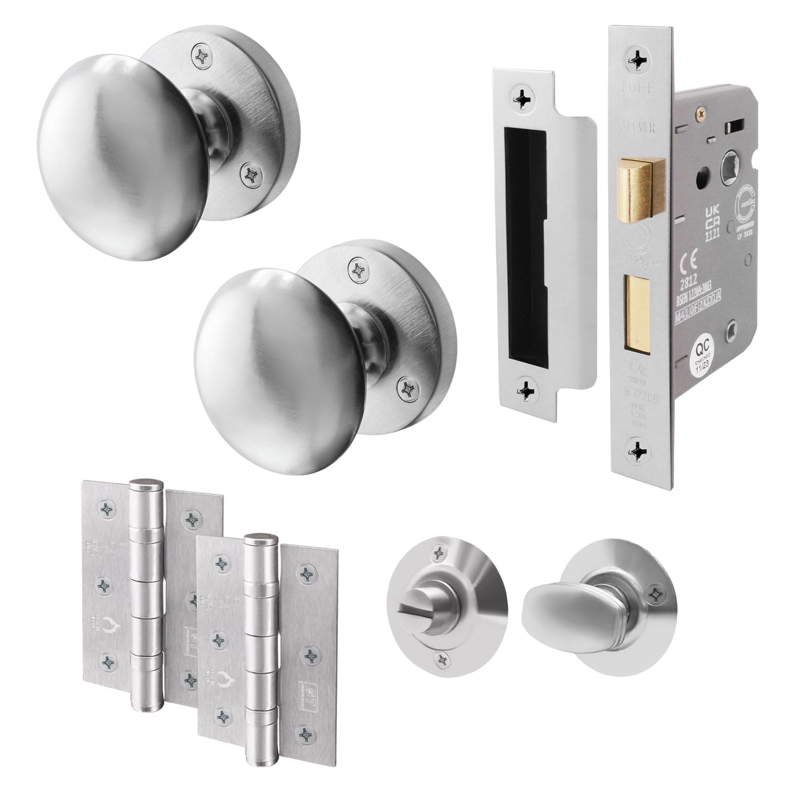 Eai Satin Chrome Satin Bathroom Door Knob Set - 1 Pair Of Victorian Mortice Knobs (55Mm), Lock (80Mm) & Hinges (76Mm)