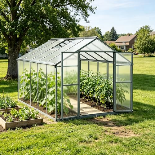 Gegaden Gewächshaus Aluminium für den Garten |Mit 8 cm dickeres Fundament| 301*238*210 cm | Vielseitig nutzbar als Treibhaus Gartenhaus Winterfest Aufzucht Tomatenhaus Frühbeet und Pflanzenhaus Grau
