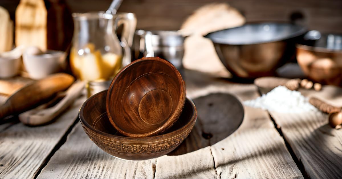 ETROVES Wooden Fruit Bowl Wood For Kitchen Counter Bowl Set for Food/Fruit/Salad - Carved Wood Bowls for Decor - Medium and Small Set of 2, Brown