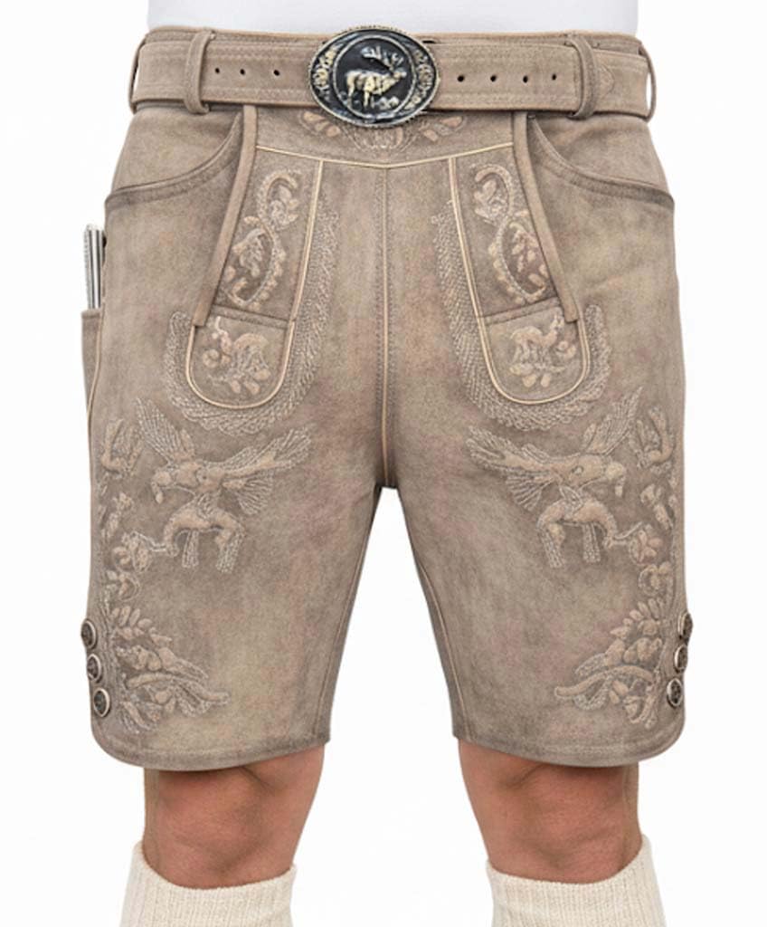 Oktoberfest Lederhose, Trachtenlederhose kurz aus Wildbock Leder, Bayrische Lederhose Herren mit Gurtel Gr 46-58