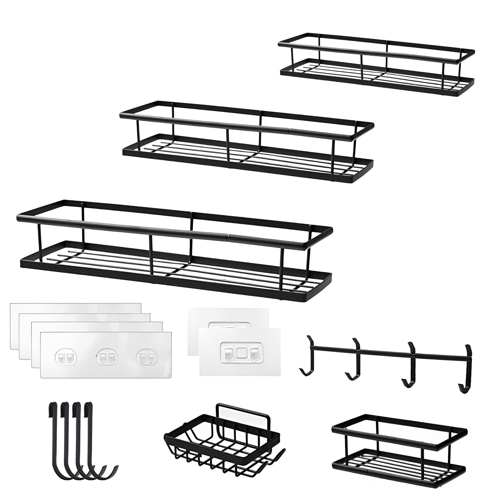 Shower Caddy 6Pack Bathroom Organizer and Storage Rack Set No-Drilling Rustproof Adhesive Stainless Steel Shower Shelves | Holds Soap Toothbrush Shampoo Spices | for Bathroom & Kitchen Wall (Black)