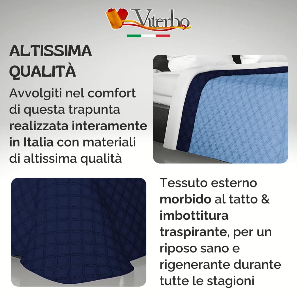 Viterbo Biancheria - Copriletto Matrimoniale Estivo e Primaverile Leggero, Trapunta Estiva Matrimoniale Double Face, Trapuntino 250x250cm Made in Italy (Matrimoniale (881), Blu/Celeste)