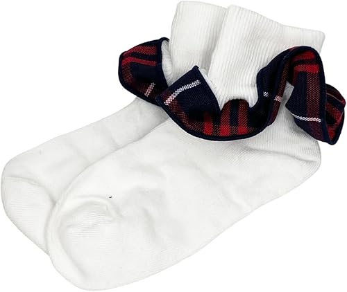 School Uniform Sock-Red Navy Plaid Ruffle White Ankle Sock-Plaid Sock Hamilton Plaid 36 37 (78.5)