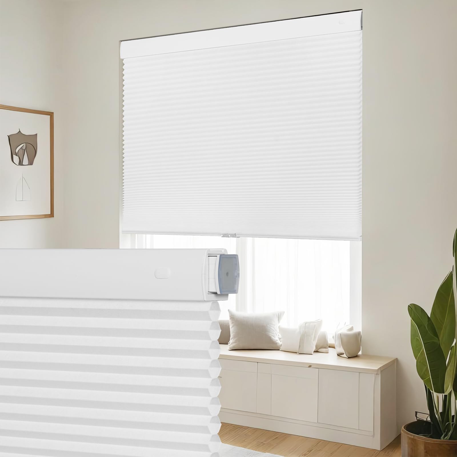 SEEYE No Drill Cordless Cellular Shades, Light Filtering Honeycomb Blinds for Indoor Window, Thermal Insulated Noise Reduction, Easy Install for Bedroom, Living Room, Office, White (72" W x 64" H)