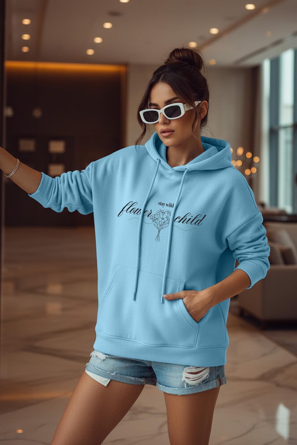 JUNEBERRY Bawełniana bluza z kapturem oversize, pikowane ramiona, długie rękawy, nadruk graficzny z przodu, damski sweter z kapturem S do 3XL
