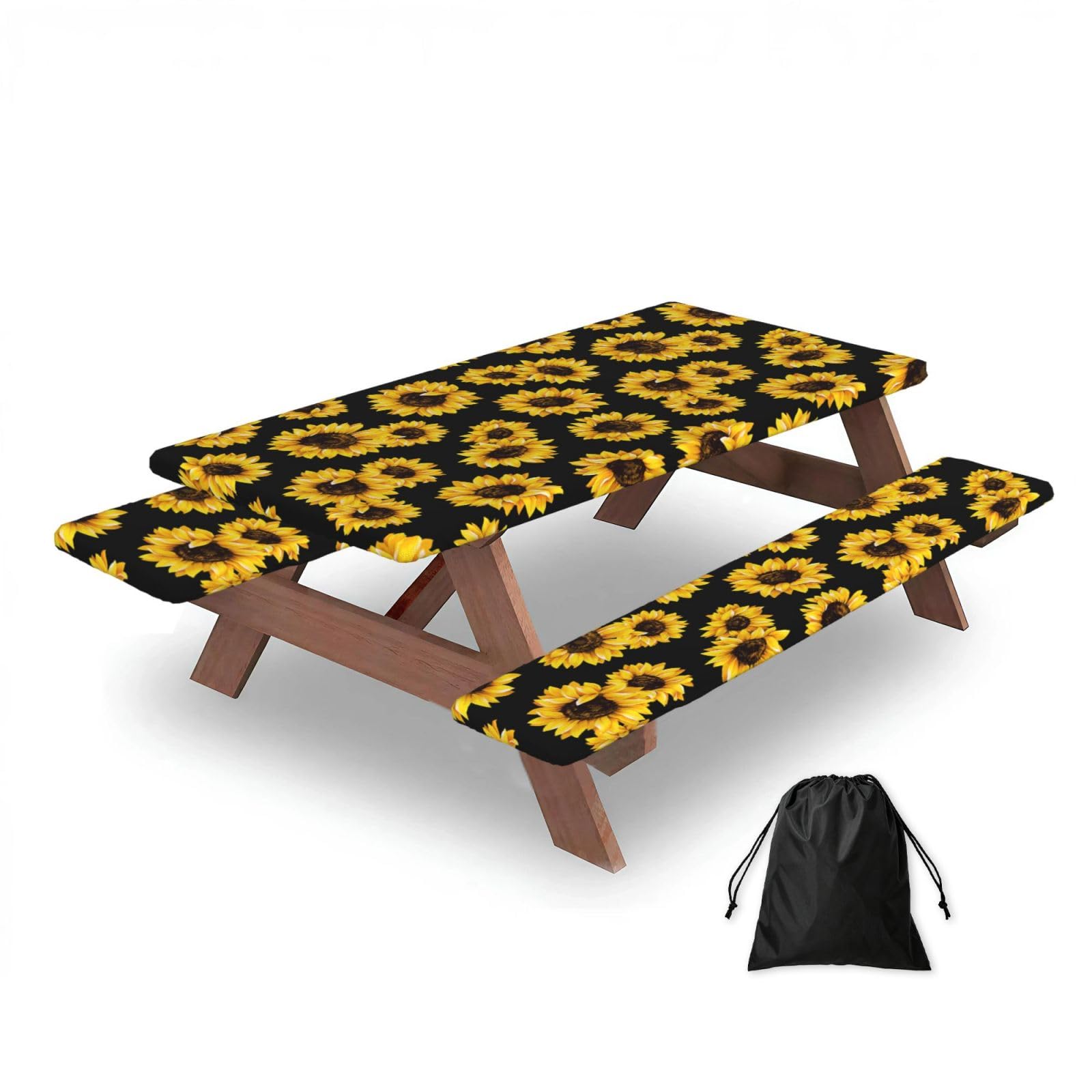 Dopklna As Picture Sunflower, Picnic Table Cover With Bench Covers -Waterproof Elastic Fitted Tablecloth For Garden Camping Patio 76X152cm