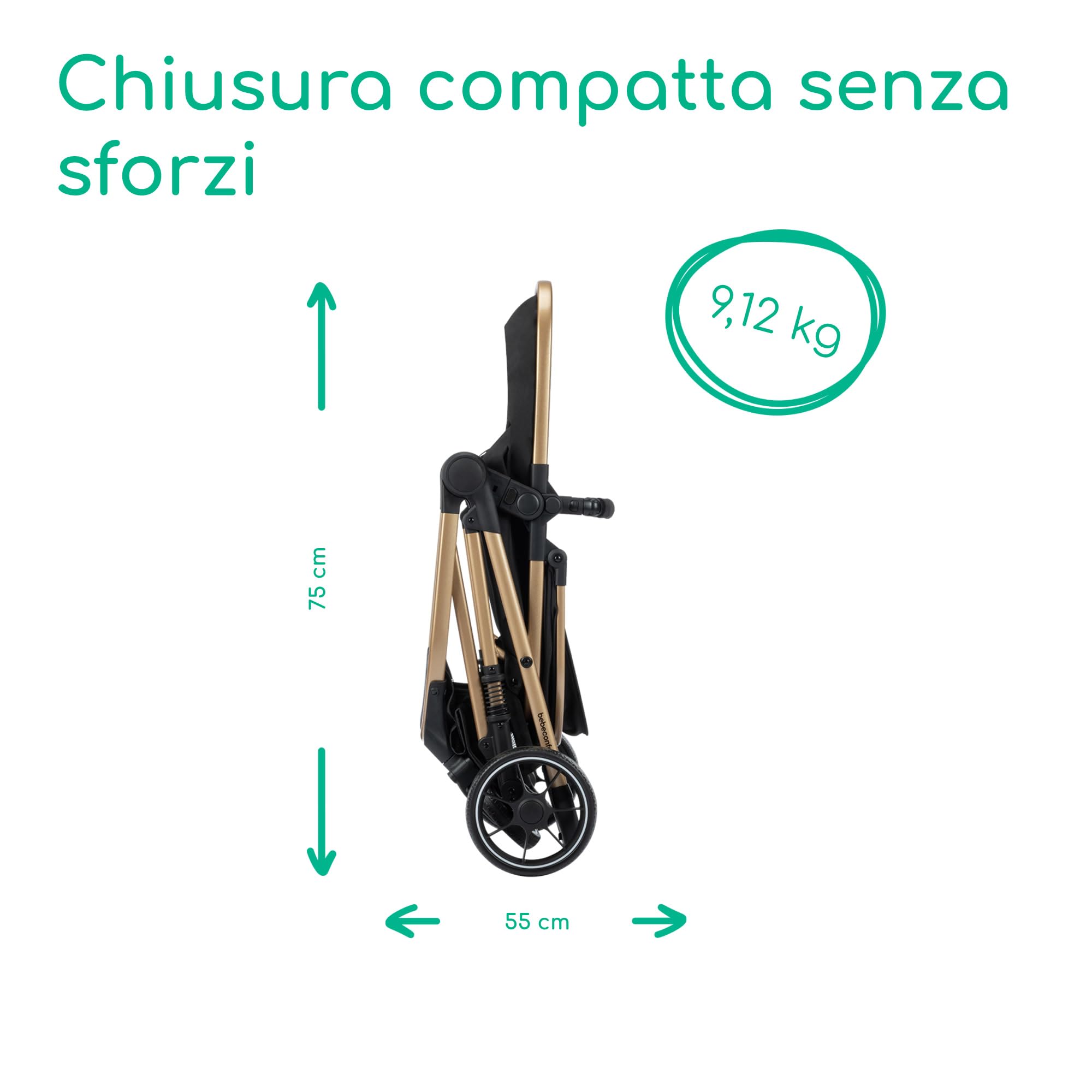 Bebeconfort Zaria Trio, Passeggino Trio Completo 3 in 1, 0-22 kg, Nero/Oro | Sistema Modulare Neonato con Ovetto i-Size, 0-4 Anni, Carrozzina Reversibile, Pieghevole e Reclinabile, 4 Ruote Ammortizzate