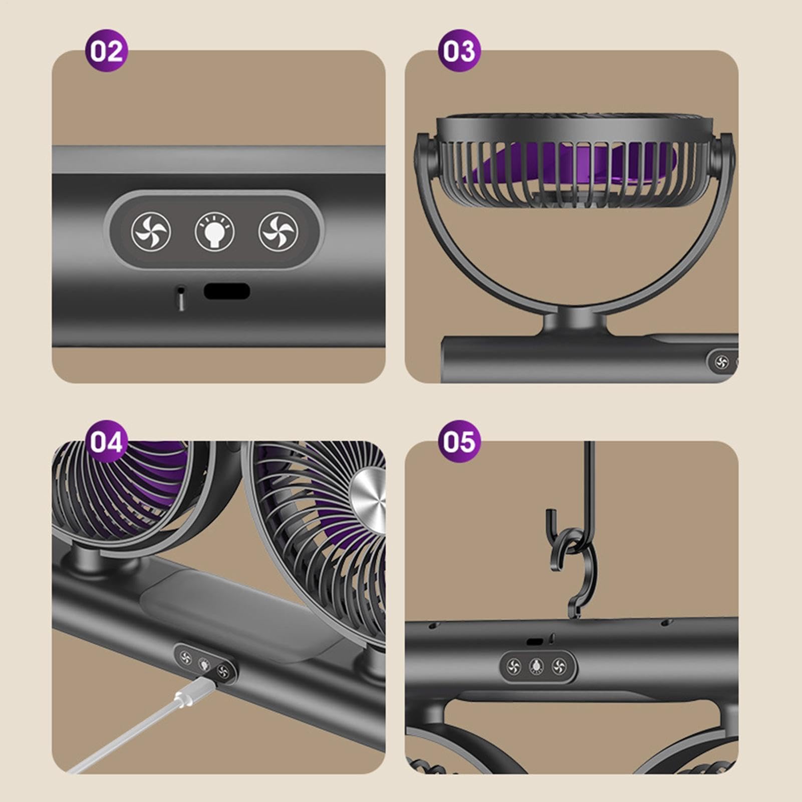 Ventilatore Di Raffreddamento Per Automobili - Doppia Testa USB Ricaricabile A 3 Velocità,Ventola per Cruscotto di Camion,per Veicoli di Vari Tipi inclusi Rimorchi Autovetture Berlina Pick-up ATV SUV