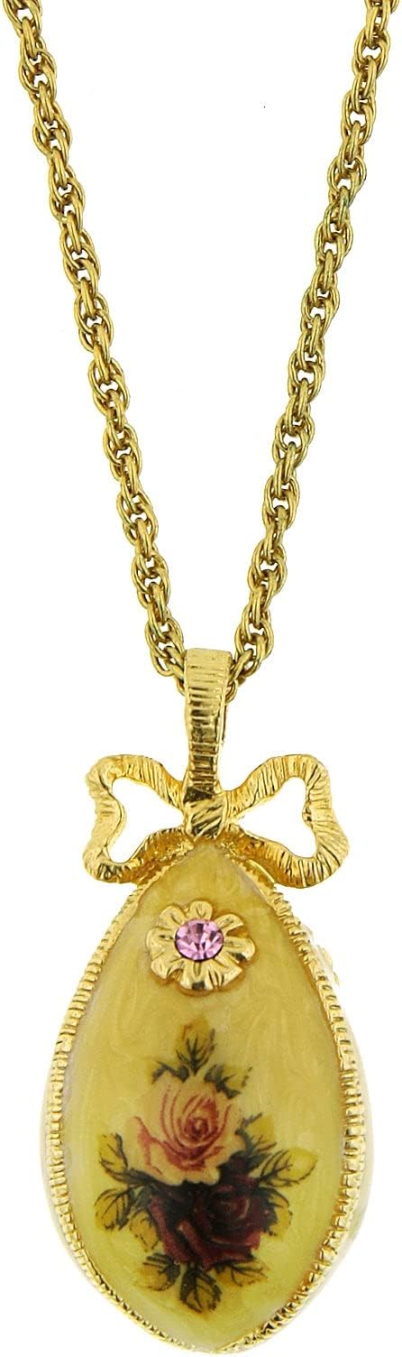 1928 Jewelry Manor House Rose Faberge Style Egg Pendant Necklace 36", Romantic Roses Vintage Victorian Inspired Aesthetic, 14K Gold Dipped, Made In USA