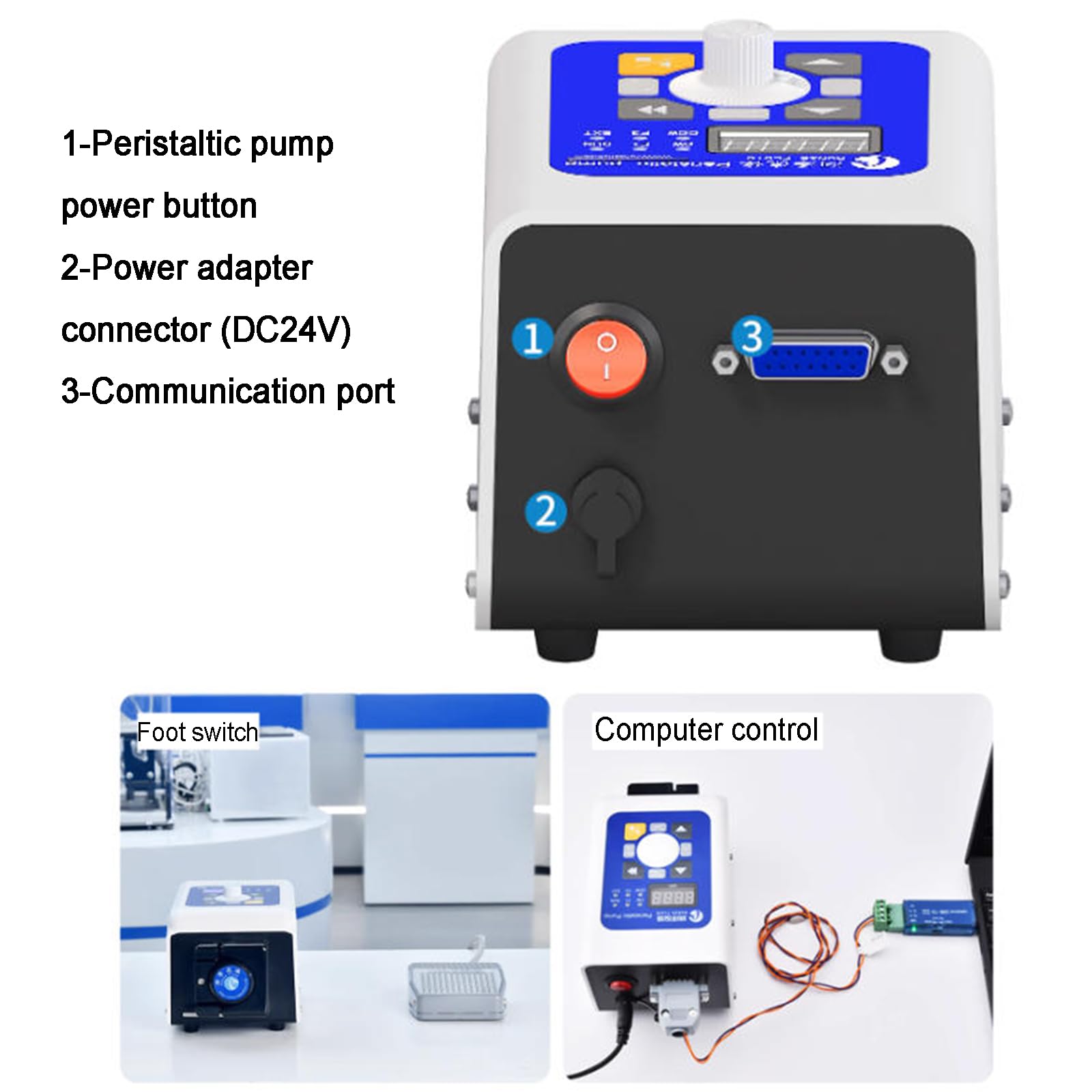 Bomba peristáltica de 24 V, bomba dosificadora de líquido de alto flujo 0-183 ml/min, velocidad variable 0.1-400 rpm, controlador de pie para aplicaciones de laboratorio y acuarios