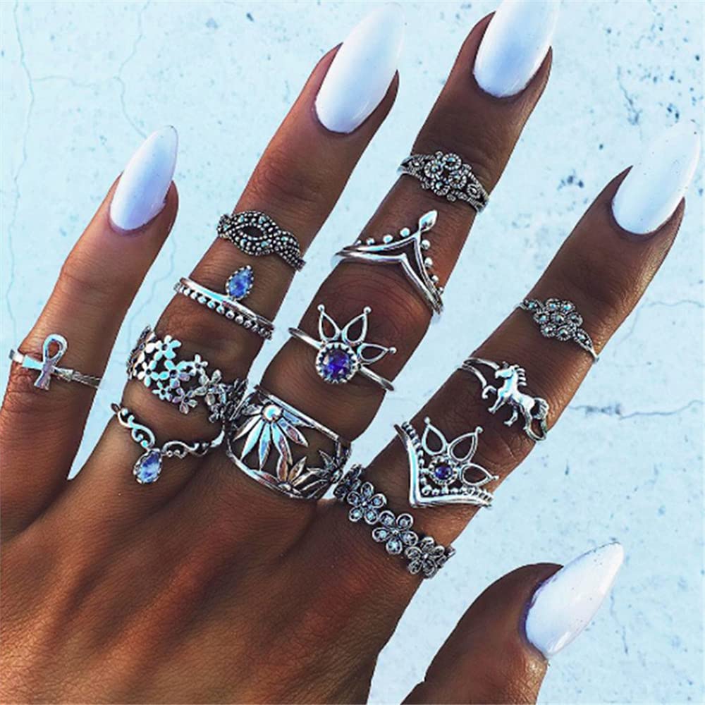 Photo 1 of (  3 pack ) VESOCOZGSZ 13 Pcs Bohemian Knuckle Flower Black Vintage Ring Set Vintage Silver Crystal Joint Knuckle Ring Set for Women and Girls Jewelry Rings Size 3 5 6 7 (Style2)