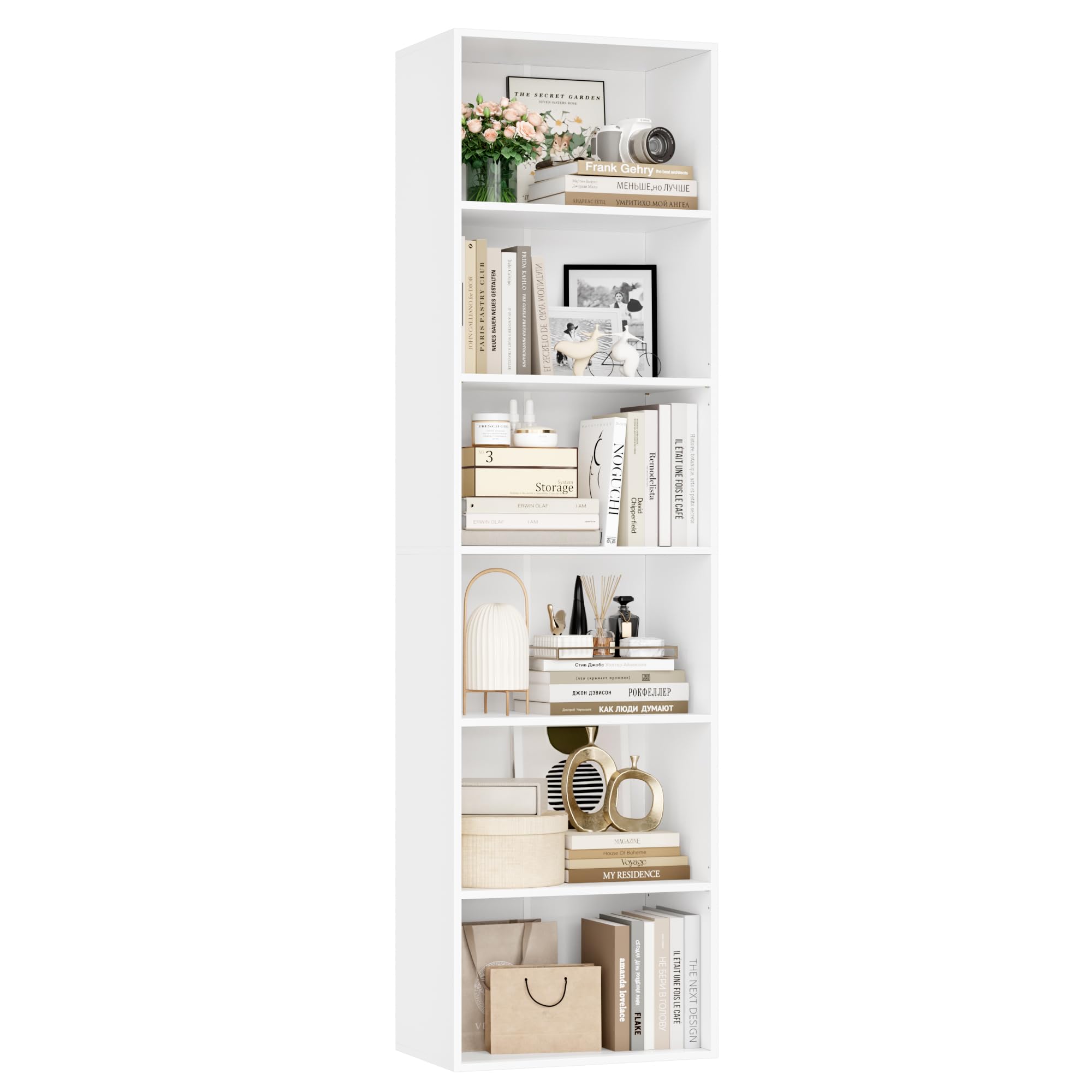 FirFurd 190.5cm Tall Bookcase 6 Tiers Slim Bookshelf Free Standing Wooden Book Shelf with Adjustable Shelves Cube Storage Shelving Unit for Living Room Home Office White 48x30x190.5cm